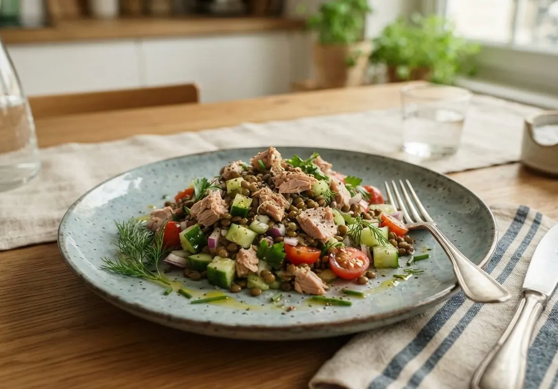 Salade de lentilles, concombre et thon