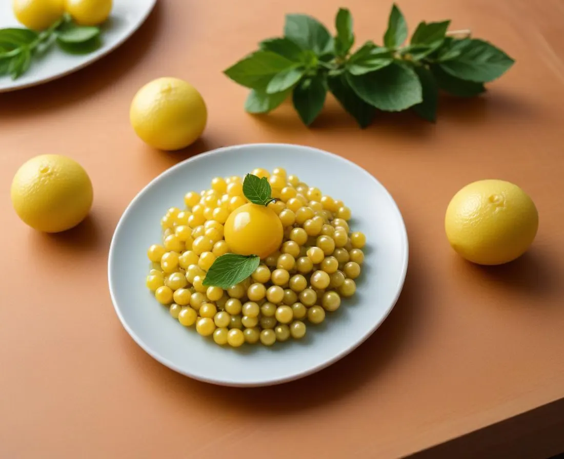Sphères Écarlates aux Perles de Yuzu et Écume de Basilic