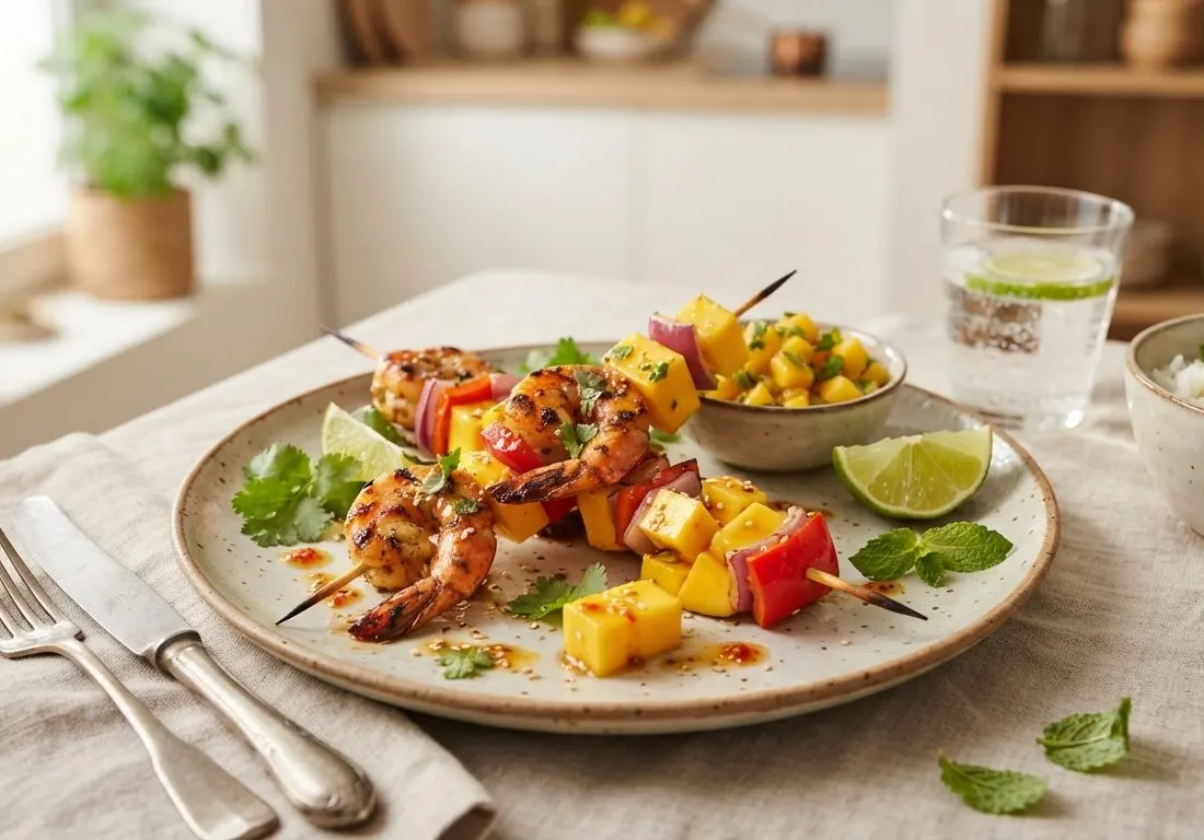 Brochettes de crevettes marinées au citron vert et mangue fraîche