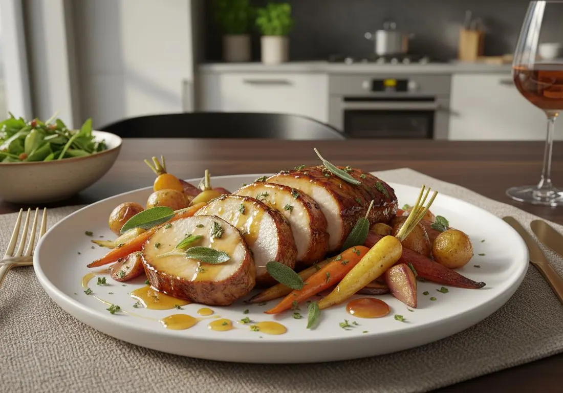 Rôti de porc caramélisé au miel et à la sauge