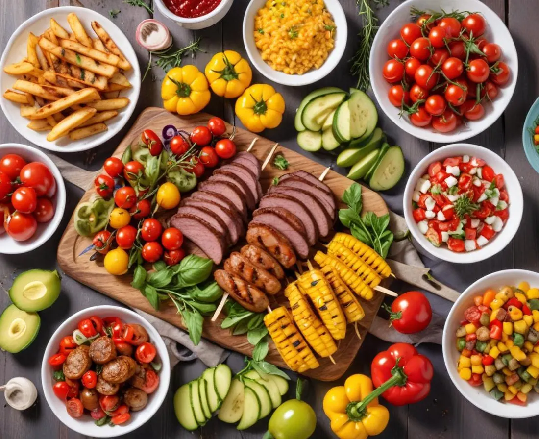 Barbecue estival : Grillades variées, salades fraîches et légumes du soleil