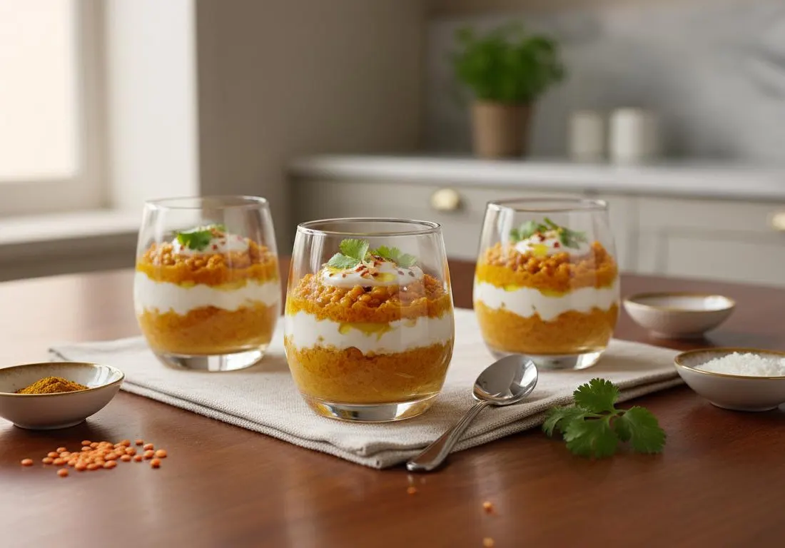 Verrines de Lentilles Corail au Curry et Crème de Coco