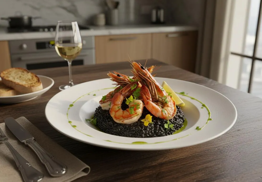 Risotto à l'Encre de Seiche et Gambas Grillées