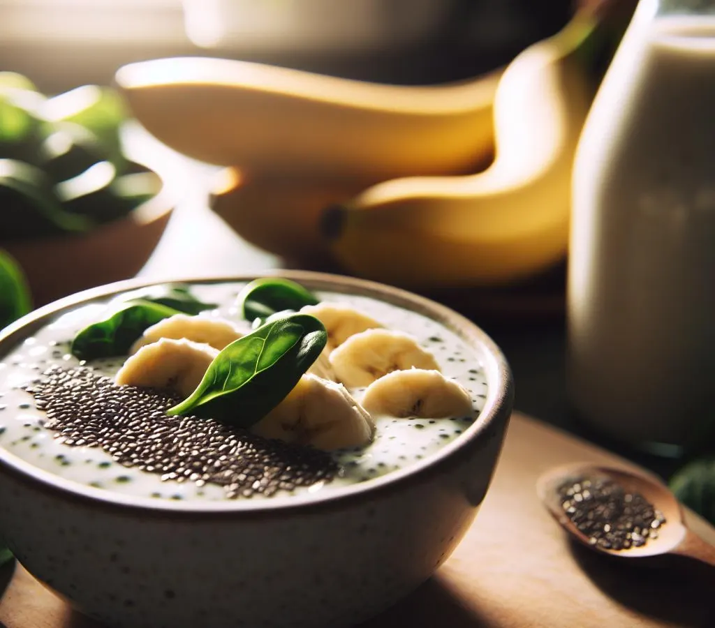 Smoothie banane, épinards, lait d'amande et graines de chia