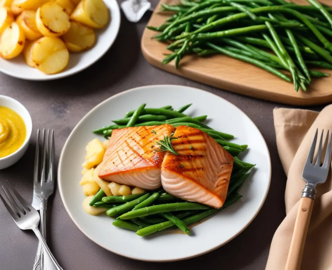 Saumon Grillé, Purée de Pommes de Terre Nouvelles et Haricots Verts