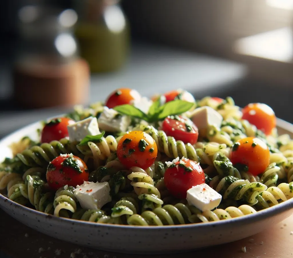 Salade de pâtes complètes au pesto, tomates cerises et mozzarella