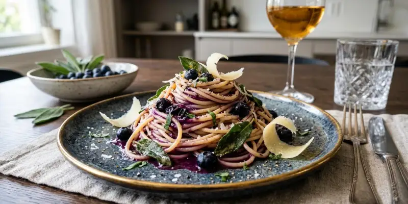 Spaghettis "Midnight Sun" au Beurre de Myrtilles et Sauge