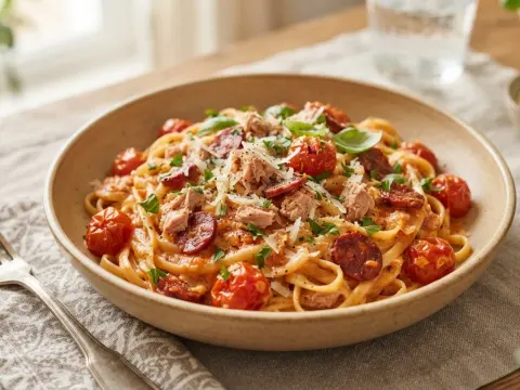 Linguines au thon, chorizo et tomates cerises