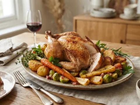 Poulet rôti du dimanche et légumes de saison glacés