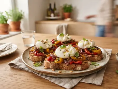 Bruschetta aux poivrons confits et burrata