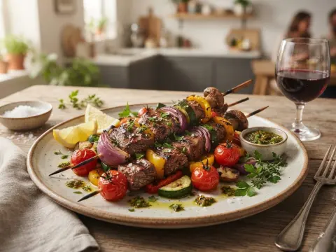 Brochettes de bœuf marinées et légumes croquants