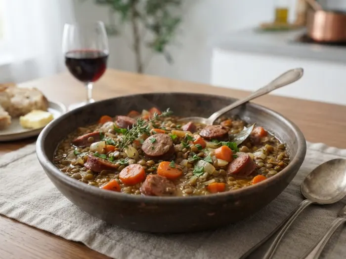 Mijoté de lentilles vertes aux saucisses et légumes