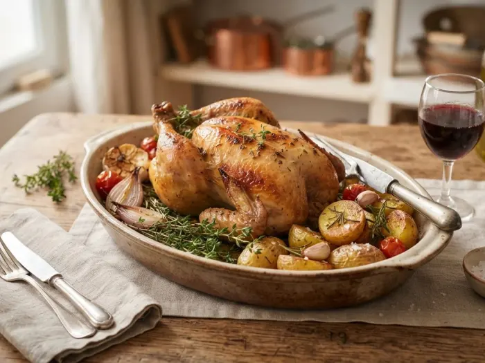 Poulet rôti aux pommes de terre et thym