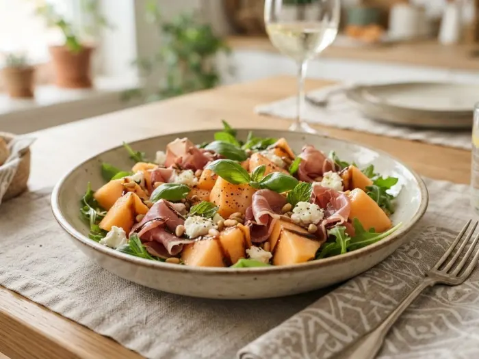 Salade fraîcheur de melon au jambon cru et pignons