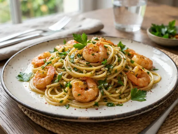 Pates aux crevettes (déjà cuites) sautées à l'ail et au persil