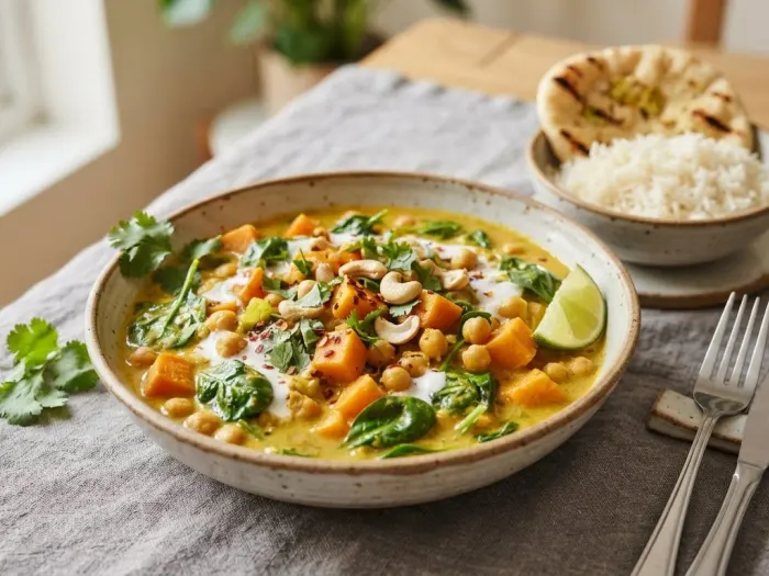 Curry rapide de pois chiches, patate douce et épinards