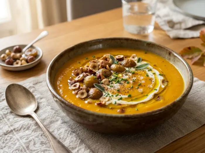 Velouté de potimarron rôti aux éclats de châtaignes et noisettes