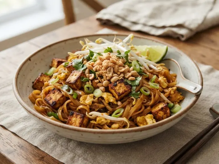 Pad thaï végétarien, nouilles de riz sautées au tofu