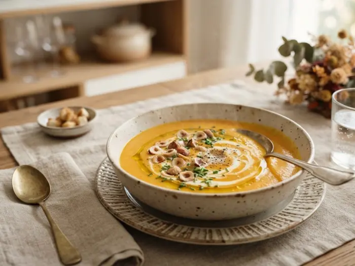 Velouté doux de potimarron aux éclats de noisettes