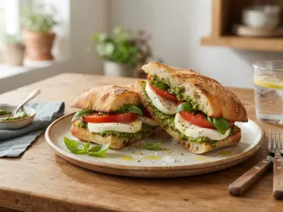 Sandwich ciabatta mozza et tomate au pesto vert
