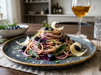 Spaghettis "Midnight Sun" au Beurre de Myrtilles et Sauge