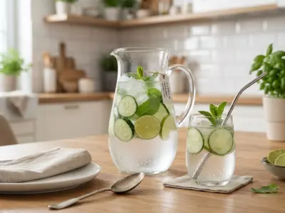 Eau fraîche infusée au concombre, citron vert et menthe douce