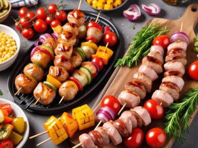 Barbecue estival : Brochettes de poulet, saucisses et légumes grillés