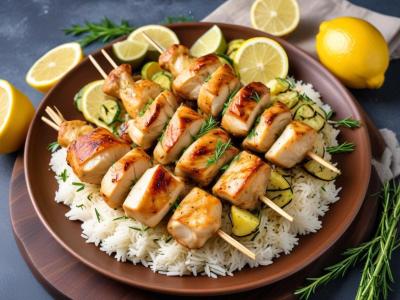 Brochettes de poulet mariné au citron et herbes, riz basmati et courgettes grillées