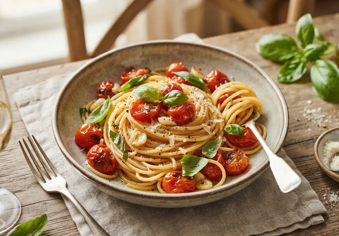 Spaghetti aux tomates cerises fraîches et basilic