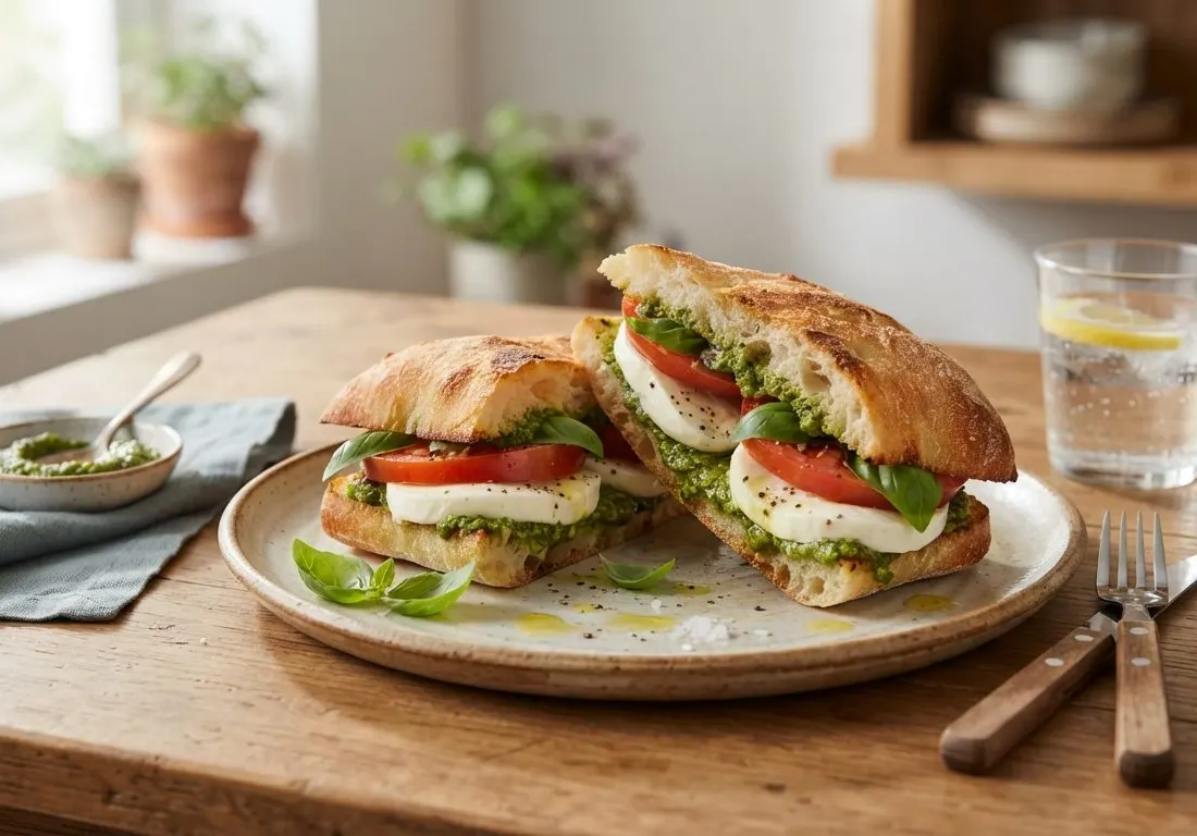 Sandwich ciabatta mozza et tomate au pesto vert
