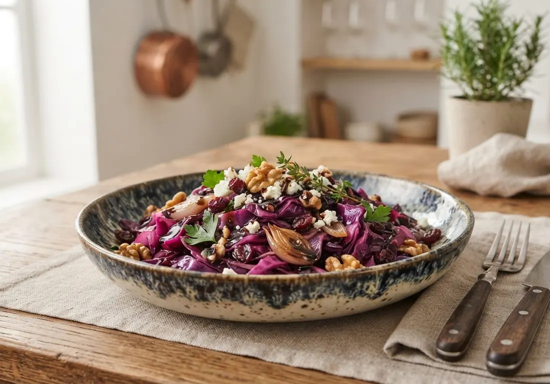 Salade tiède de chou rouge aux noix et vinaigre balsamique