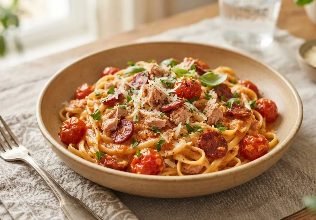 Linguines au thon, chorizo et tomates cerises