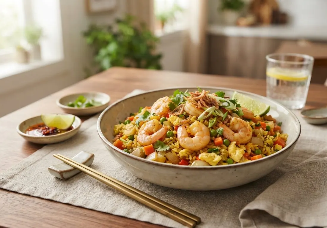 Riz sauté aux crevettes et curry