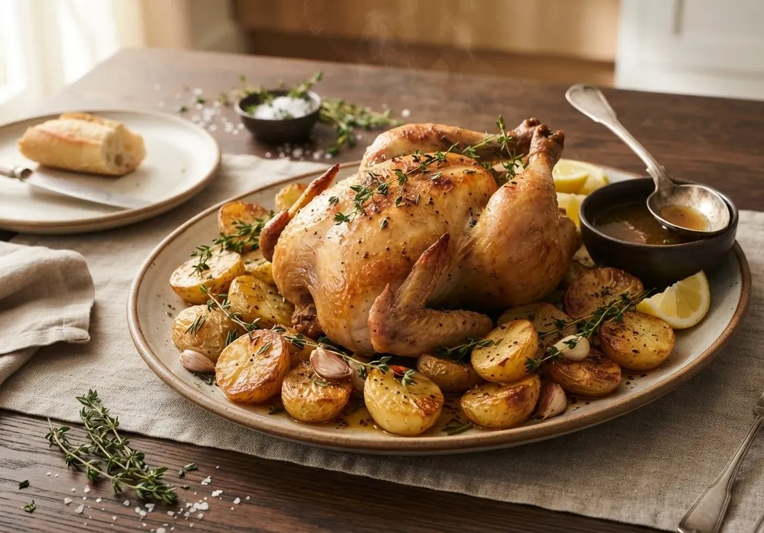 Poulet rôti aux pommes de terre et thym