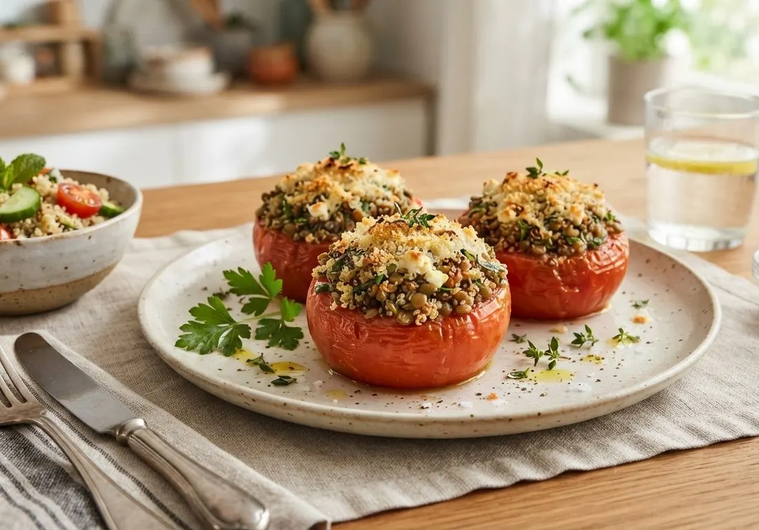Tomates farcies végétariennes aux lentilles et herbes fraîches