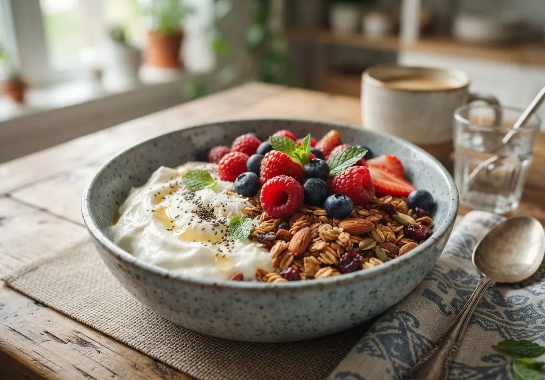 Bowl matinal de skyr crémeux aux fruits rouges acidulés et granola croustillant