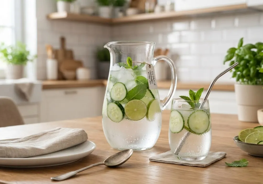 Eau fraîche infusée au concombre, citron vert et menthe douce