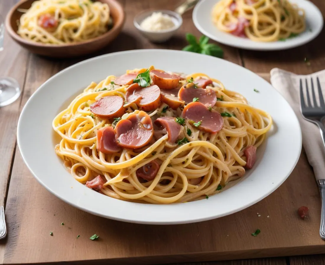 Linguine crémeuses aux champignons et lardons