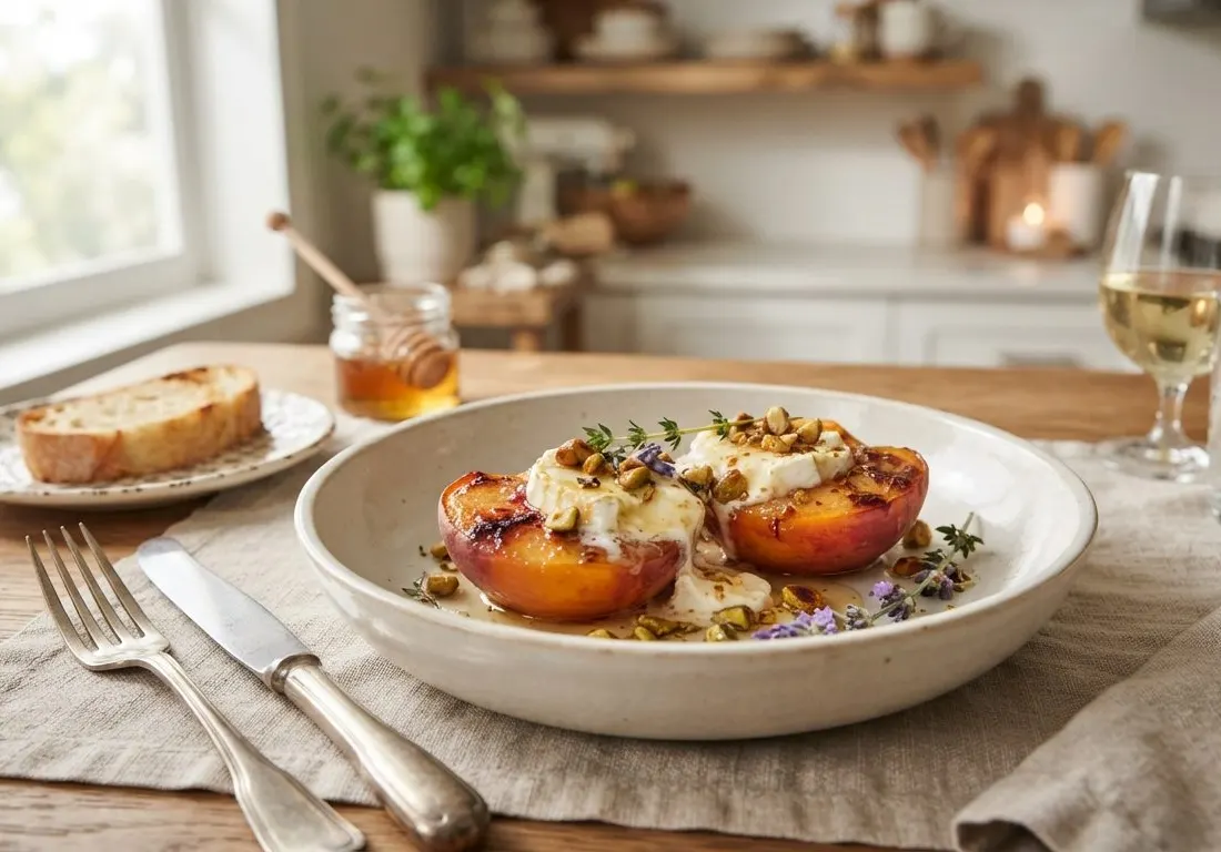 Pêches rôties au fromage de chèvre et au miel de lavande