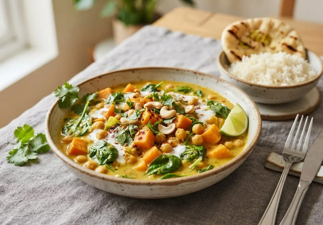 Curry rapide de pois chiches, patate douce et épinards