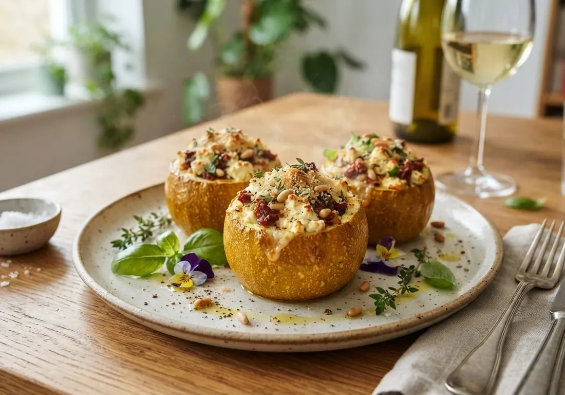 Courgettes rondes farcies au chèvre frais et tomates séchées